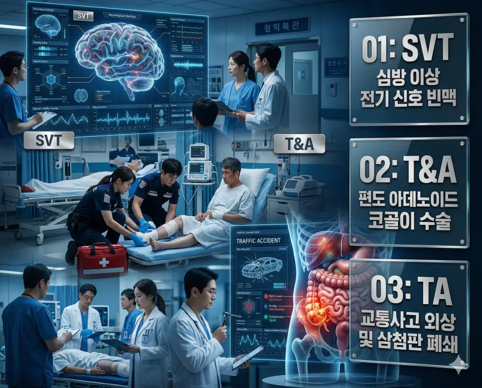 의학용어 SVT, T&A, TA 완벽 가이드 4 의학용어 SVT, T&A, TA의 정의와 심방 이상 전기 신호 빈맥, 편도 아데노이드 코골이 수술, 교통사고 외상 및 삼첨판 폐쇄의 핵심 특징을 영화 포스터 스타일로 정리한 프리미엄 인포그래픽