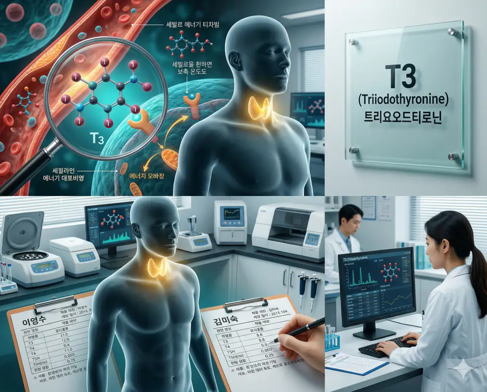 의학용어 T3(트리요오드티로닌) 기전을 통해 갑상선에서 분비되는 활성 호르몬이 한국인 환자의 체온 유지, 에너지 대사, 성장 및 발달을 조절하는 병태생리 상태를 시각화한 이미지
