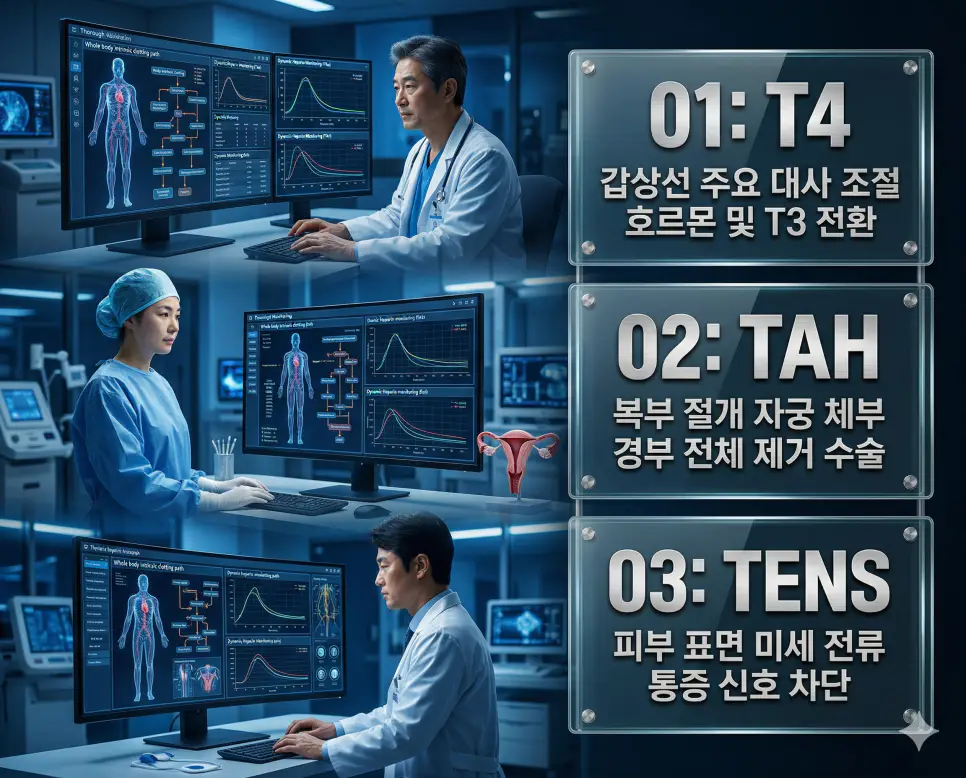 의학용어 T4, TAH, TENS의 정의와 갑상선 주요 대사 조절 호르몬 및 T3 전환, 복부 절개 자궁 체부 경부 전체 제거 수술, 피부 표면 미세 전류 통증 신호 차단의 핵심 특징을 영화 포스터 스타일로 정리한 프리미엄 인포그래픽