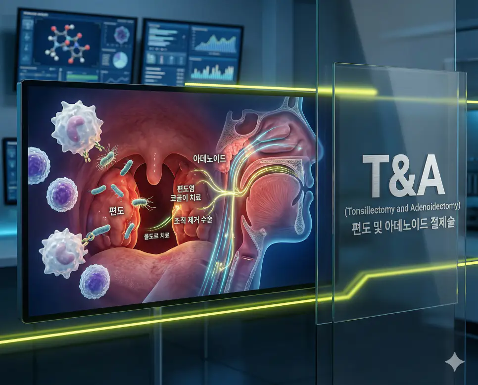 의학용어 SVT, T&A, TA 완벽 가이드 2 의학용어 T&A(편도 및 아데노이드 절제술) 시술을 통해 반복되는 편도염이나 코골이, 수면 무호흡증을 치료하기 위해 한국인 아동 환자의 구강 내 편도와 아데노이드 조직을 정밀하게 제거하는 수술 기전 이미지