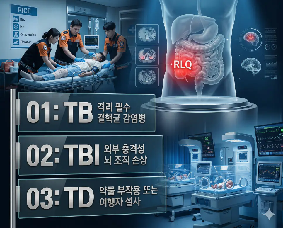 의학용어 TB, TBI, TD의 정의와 격리 필수 결핵균 감염병, 외부 충격성 뇌 조직 손상, 약물 부작용 또는 여행자 설사의 핵심 특징을 영화 포스터 스타일로 정리한 프리미엄 인포그래픽