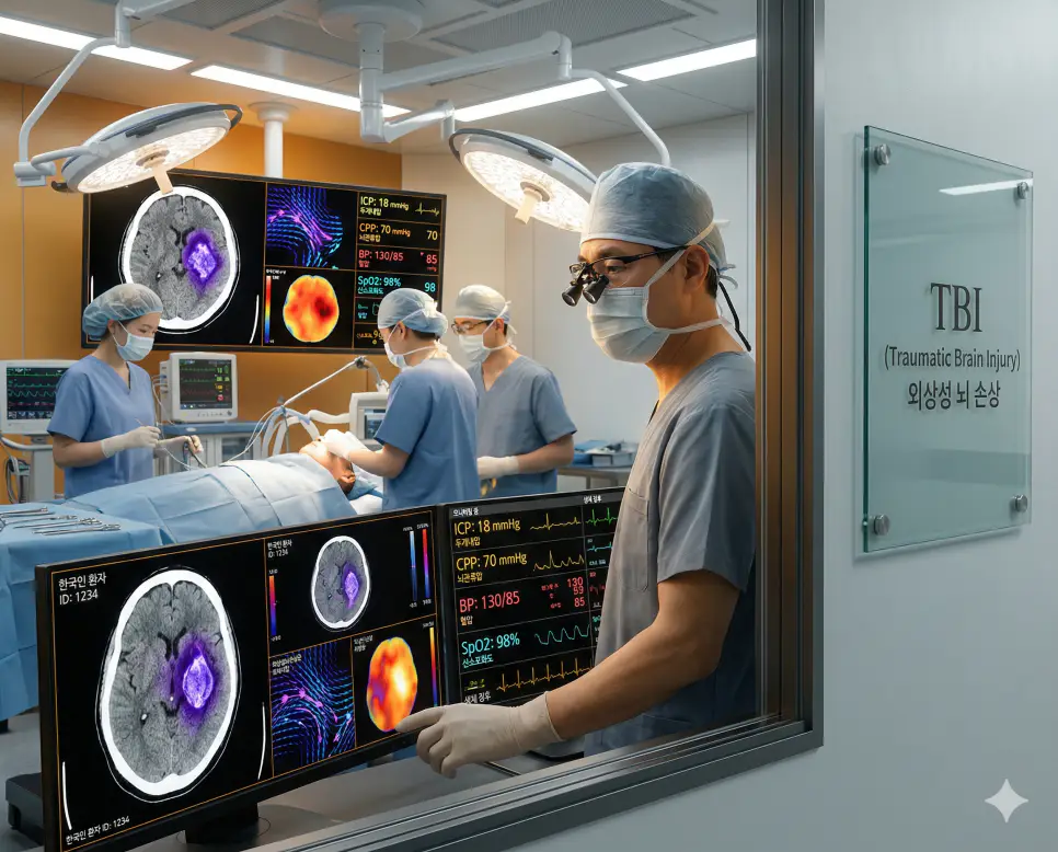 의학용어 TBI(외상성 뇌 손상)가 외부의 물리적 충격으로 인해 한국인 환자의 뇌 조직이 손상되고, 뇌 CT 스캔에서 출혈과 부종 패턴이 나타나며 인지 기능 저하 등 후유증 기전 이미지
