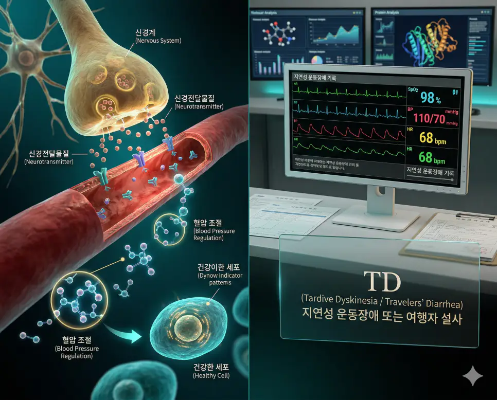 의학용어 TD(지연성 운동장애 또는 여행자 설사)가 항정신병 약물 장기 복용으로 인해 몸이 제멋대로 움직이는 운동장애 기전(왼쪽)과 오염된 음식물 섭취로 인한 급성 장염 기전(오른쪽)을 동시에 보여주는 병태생리 이미지