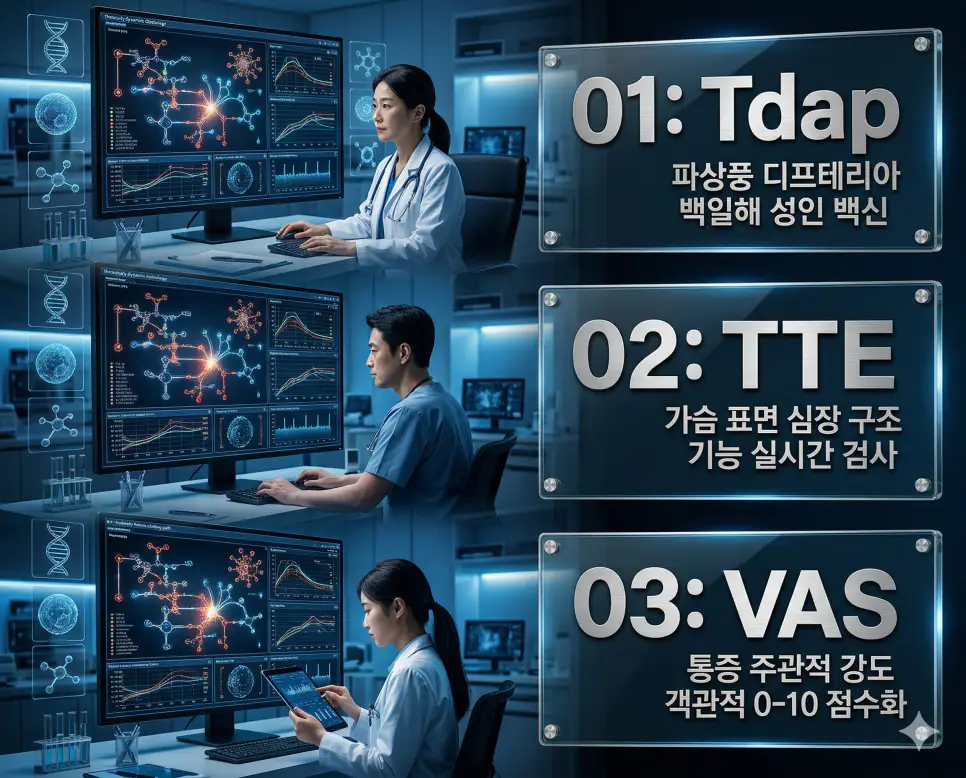 의학용어 Tdap, TTE, VAS의 정의와 파상풍 디프테리아 백일해 성인 백신, 가슴 표면 심장 구조 기능 실시간 검사, 통증 주관적 강도 객관적 0-10 점수화의 핵심 특징을 영화 포스터 스타일로 정리한 프리미엄 인포그래픽