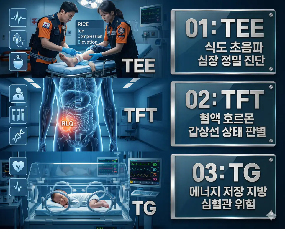 의학용어 TEE, TFT, TG 완벽 가이드 4 의학용어 TEE, TFT, TG의 정의와 식도 초음파 심장 정밀 진단, 혈액 호르몬 갑상선 상태 판별, 에너지 저장 지방 심혈관 위험의 핵심 특징을 영화 포스터 스타일로 정리한 프리미엄 인포그래픽