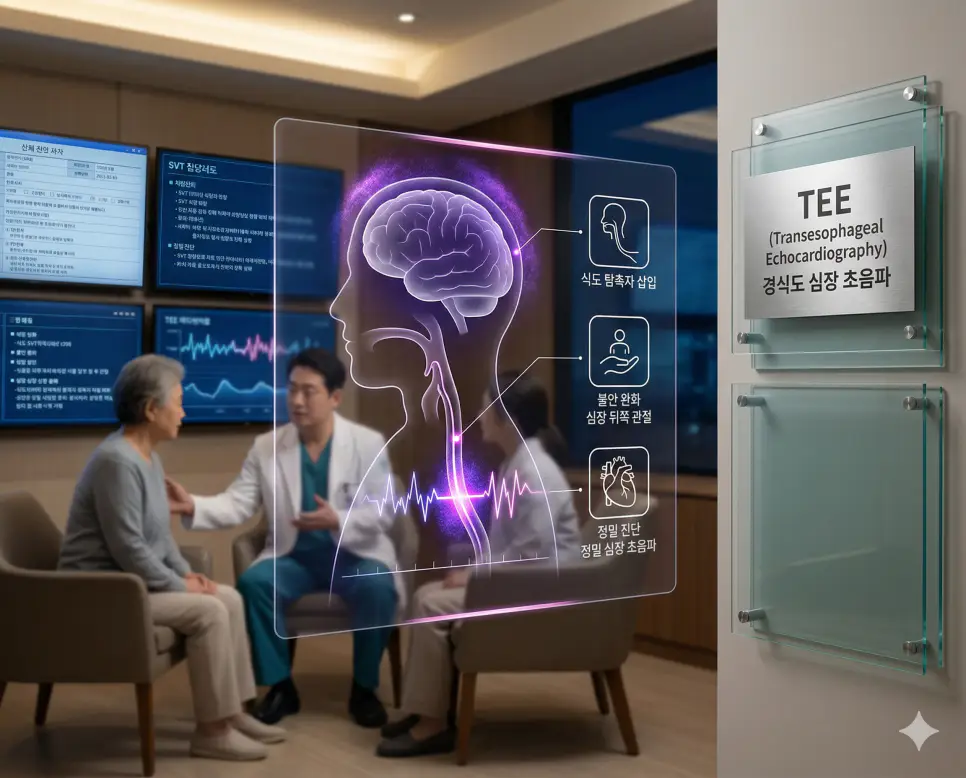 의학용어 TEE, TFT, TG 완벽 가이드 1 의학용어 TEE(경식도 심장 초음파) 기전을 통해 식도에 내시경 형태의 초음파 탐촉자를 삽입하고, 한국인 환자의 심장 뒤쪽 구조와 기능을 정밀하게 관찰하며 진단하는 병태생리 이미지