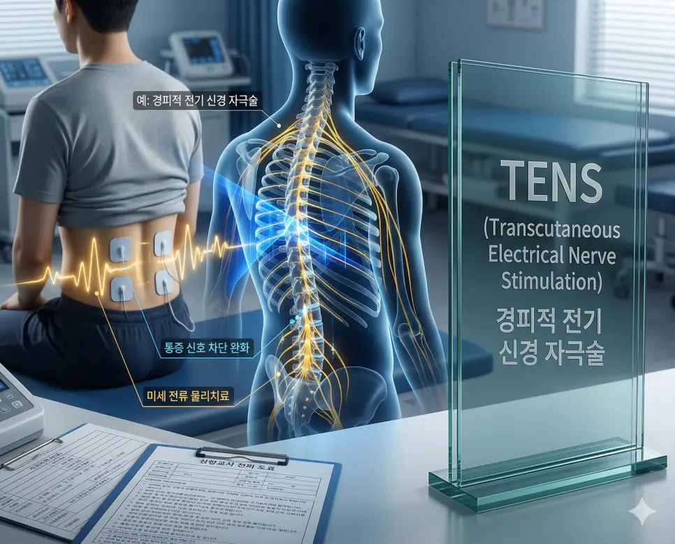 의학용어 TENS(경피적 전기 신경 자극술) 기전을 통해 피부 표면에 전극을 붙여 미세한 전류를 흘려보냄으로써 한국인 환자의 통증 신호를 차단하고 완화하는 과정을 시각화한 이미지