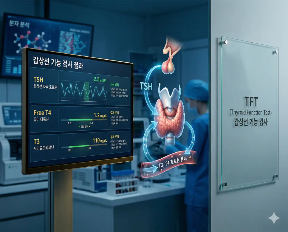 의학용어 TEE, TFT, TG 완벽 가이드 2 의학용어 TFT(갑상선 기능 검사) 기전을 통해 혈액 내 TSH, T3, T4 호르몬 수치를 한국인 환자의 혈액 샘플에서 측정하여 갑상선의 활동 상태와 질환 유무를 판별하는 병태생리 기전 이미지
