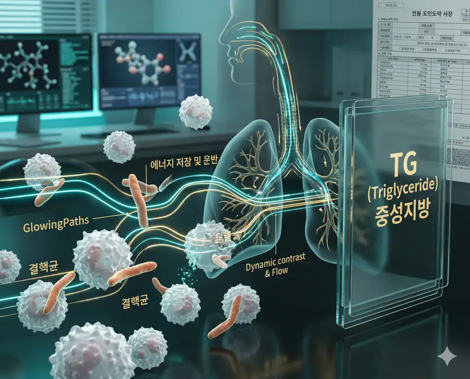 의학용어 TEE, TFT, TG 완벽 가이드 3 의학용어 TG(중성지방) 분자가 체내에서 에너지를 저장하고 운반하는 병태생리 기전과, 혈액 내 수치가 높을 경우 심혈관 질환이나 췌장염 위험을 높이는 기전을 시각화한 의료 이미지