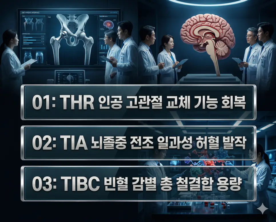 의학용어 THR, TIA, TIBC 완벽 가이드 4 의학용어 THR, TIA, TIBC의 정의와 인공 고관절 교체 기능 회복, 뇌졸중 전조 일과성 허혈 발작, 빈혈 감별 총 철결합 용량의 핵심 특징을 영화 포스터 스타일로 정리한 프리미엄 인포그래픽