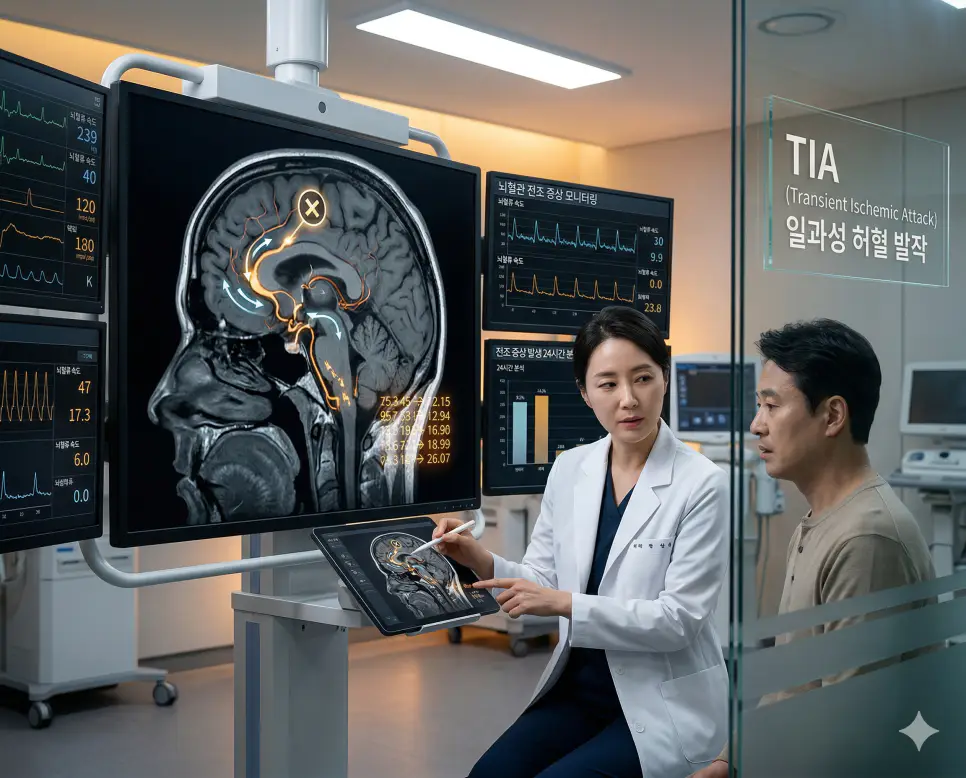 의학용어 THR, TIA, TIBC 완벽 가이드 2 의학용어 TIA(일과성 허혈 발작) 기전을 통해 뇌혈관이 일시적으로 막혔다 풀리면서 뇌졸중 전조 증상이 나타났다가 24시간 이내에 사라지는 병태생리 과정을 시각화한 의료 이미지