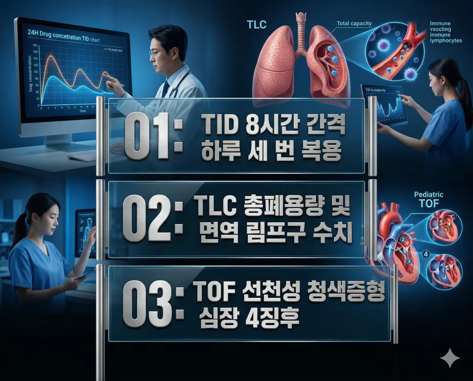 의학용어 TID, TLC, TOF의 정의와 8시간 간격 하루 세 번 복용, 총폐용량 및 면역 림프구 수치, 선천성 청색증형 심장 4징후의 핵심 특징을 영화 포스터 스타일로 정리한 프리미엄 인포그래픽