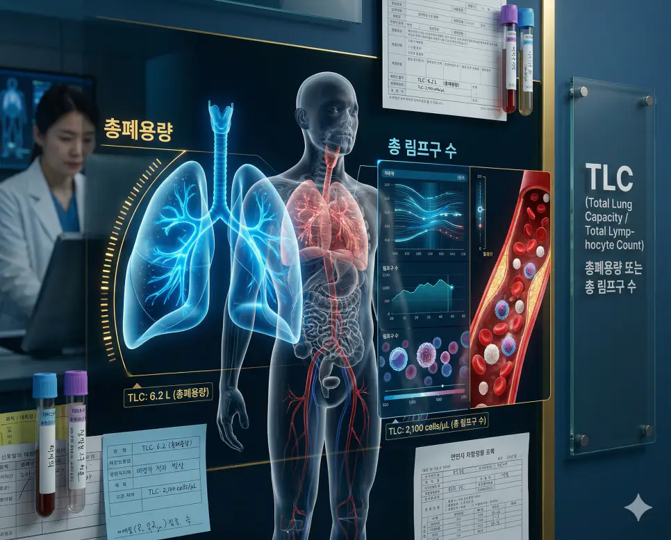 의학용어 TLC(총폐용량 또는 총 림프구 수) 기전을 통해 최대로 숨을 들이마셨을 때 폐가 수용하는 전체 공기량(왼쪽)과 면역 상태를 나타내는 혈액 내 림프구 수치(오른쪽)를 동시에 보여주는 병태생리 이미지