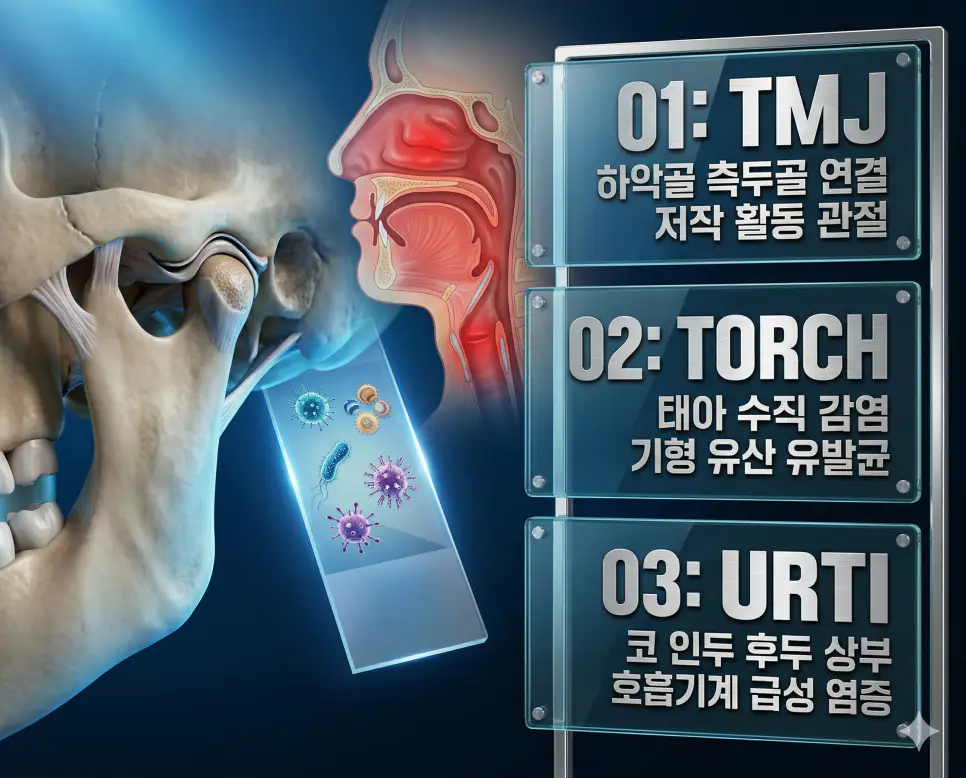 의학용어 TMJ, TORCH, URTI 뜻 완벽 정리 4 의학용어 TMJ, TORCH, URTI의 정의와 하악골 측두골 연결 저작 활동 관절, 태아 수직 감염 기형 유산 유발균, 코 인두 후두 상부 호흡기계 급성 염증의 핵심 특징을 영화 포스터 스타일로 정리한 프리미엄 인포그래픽