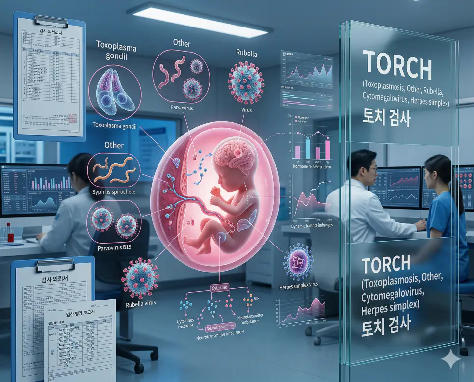 의학용어 TMJ, TORCH, URTI 뜻 완벽 정리 2 의학용어 TORCH(토치 검사) 기전을 통해 임신 중 태아에게 수직 감염을 일으켜 기형이나 유산을 유발할 수 있는 주요 감염균들의 병태생리 상태를 시각화한 이미지