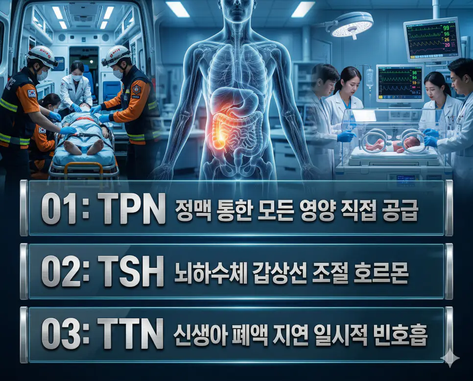 의학용어 TPN, TSH, TTN의 정의와 정맥 통한 모든 영양 직접 공급, 뇌하수체 갑상선 조절 호르몬, 신생아 폐액 지연 일시적 빈호흡의 핵심 특징을 영화 포스터 스타일로 정리한 프리미엄 인포그래픽