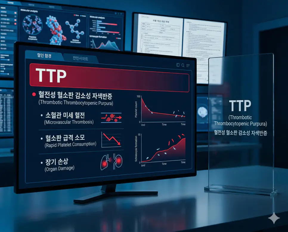 의학용어 TTP(혈전성 혈소판 감소성 자색반증) 기전을 통해 소혈관 내에 미세한 혈전이 형성되어 혈소판이 급격히 소모되고 장기 손상을 일으키는 치명적인 혈액 질환의 병태생리 기전 시각화 이미지