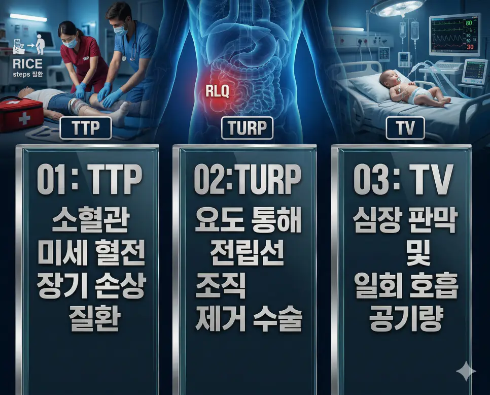 의학용어 TTP, TURP, TV의 정의와 소혈관 미세 혈전 장기 손상 질환, 요도 통해 전립선 조직 제거 수술, 심장 판막 및 일회 호흡 공기량의 핵심 특징을 영화 포스터 스타일로 정리한 프리미엄 인포그래픽