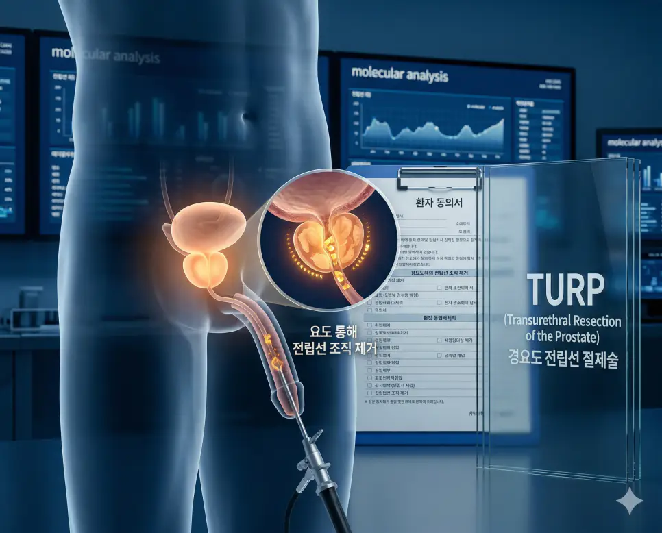 의학용어 TURP(경요도 전립선 절제술) 수술을 통해 비대해진 전립선 조직을 요도를 통해 삽입한 내시경 절제경으로 긁어내어 배뇨 장애를 치료하는 과정을 한국인 환자의 해부학적 구조와 함께 시각화한 이미지