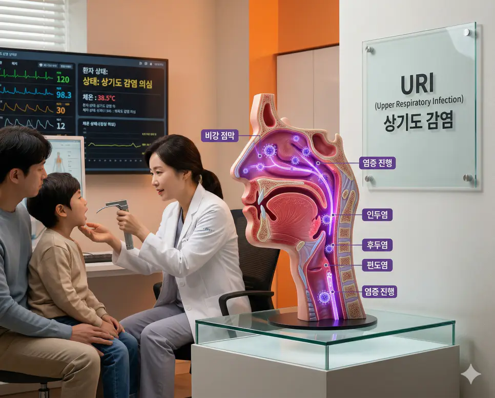 의학용어 UGI, URI, US 완벽 가이드 2 의학용어 URI(상기도 감염) 기전을 통해 코, 목, 인두 등 상부 호흡기에 바이러스나 세균이 침투하여 염증을 일으키고 흔히 감기로 불리는 질환의 병태생리 과정을 시각화한 이미지