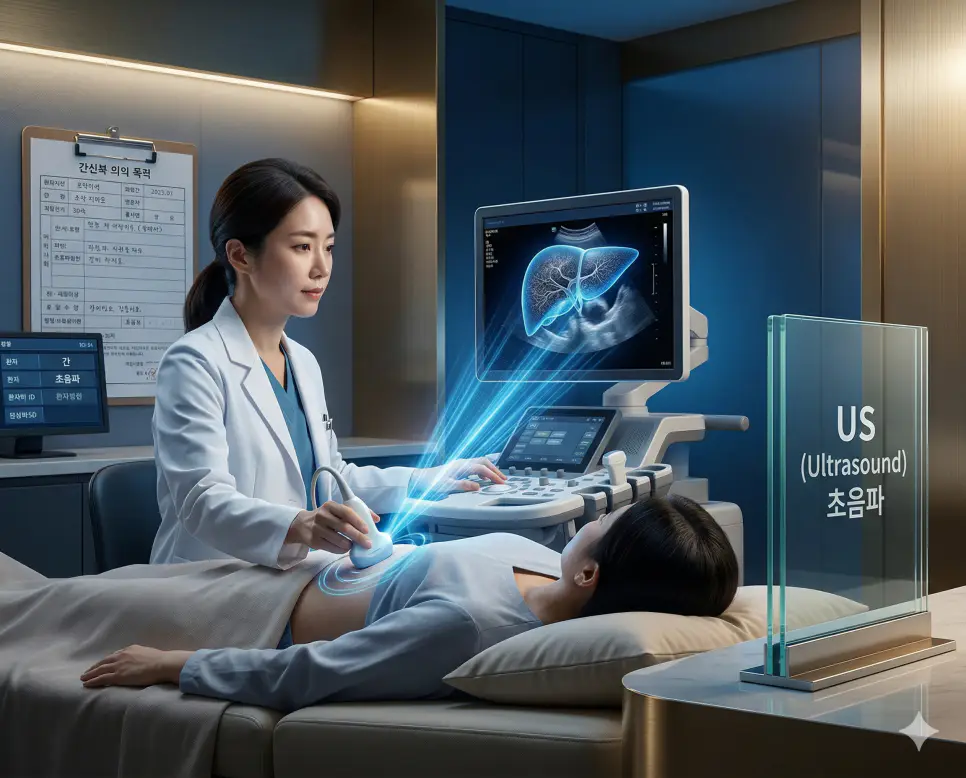 의학용어 UGI, URI, US 완벽 가이드 3 의학용어 US(초음파) 기전을 통해 높은 주파수의 음파를 몸속으로 보내 반사되는 신호를 실시간 영상으로 변환하여 장기의 상태를 관찰하는 정밀 검사 과정을 시각화한 이미지
