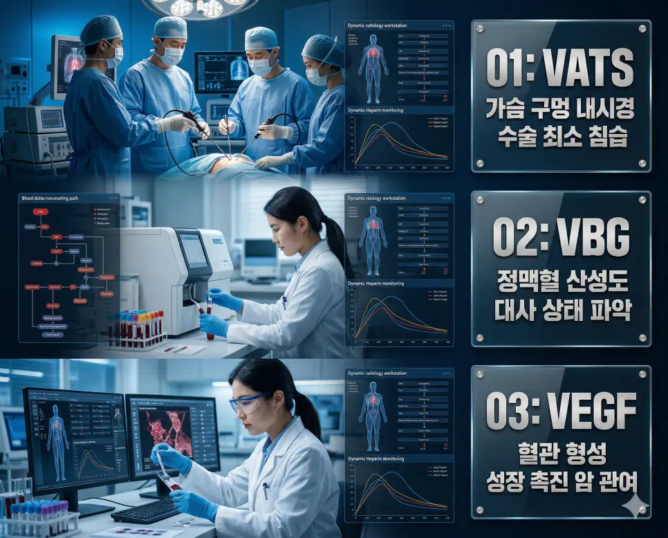 의학용어 VATS, VBG, VEGF의 정의와 가슴 구멍 내시경 수술 최소 침습, 정맥혈 산성도 대사 상태 파악, 혈관 형성 성장 촉진 암 관여의 핵심 특징을 영화 포스터 스타일로 정리한 프리미엄 인포그래픽