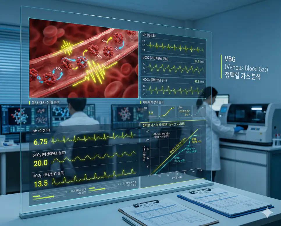 의학용어 VBG(정맥혈 가스 분석) 기전을 통해 정맥에서 채취한 혈액의 산성도(pH), 이산화탄소 분압, 중탄산염 수치를 측정하여 한국인 환자의 체내 대사 상태를 분석하는 과정을 시각화한 이미지