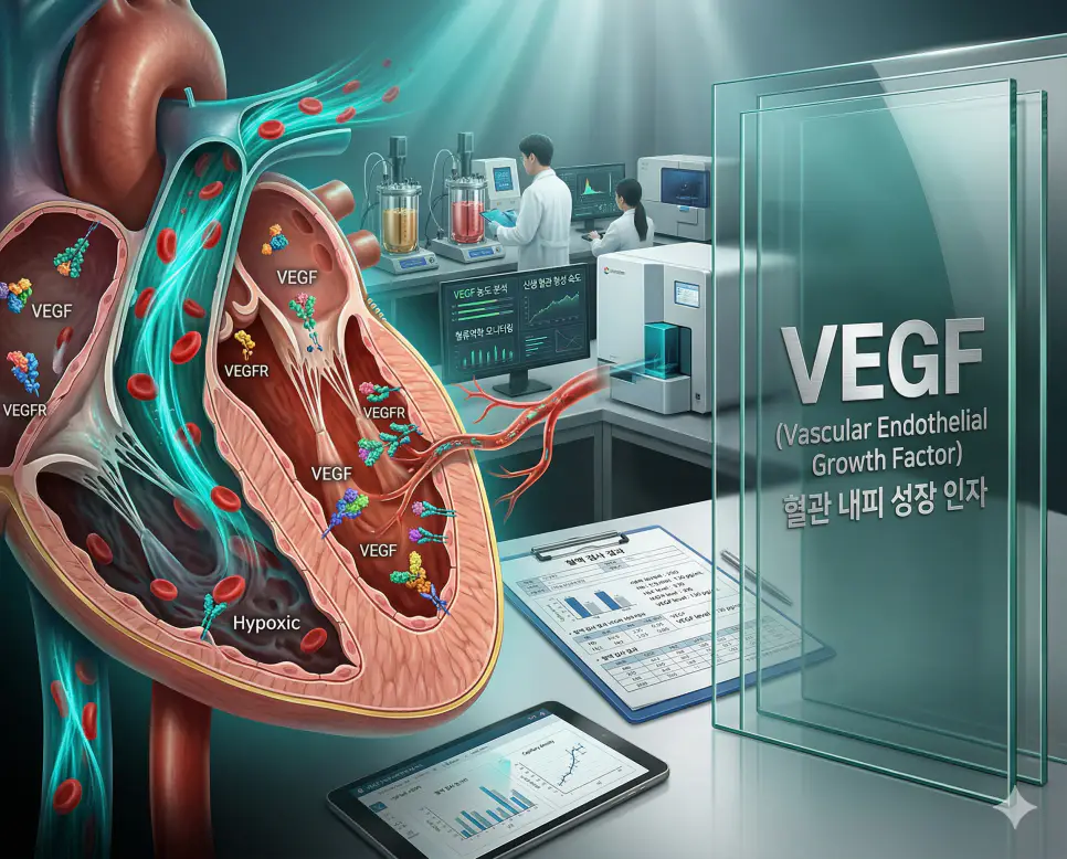 의학용어 VEGF(혈관 내피 성장 인자) 기전을 통해 새로운 혈관의 형성과 성장을 촉진하는 단백질의 작용을 한국인 환자의 혈류 관류 데이터와 함께 시각화한 병태생리 이미지
