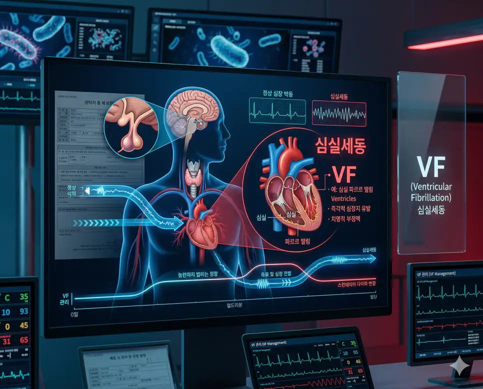 의학용어 VF, VLBW, VSD 완벽 가이드 1 의학용어 VF(심실세동) 기전을 통해 심실이 불규칙적으로 파르르 떨리며 혈액을 뿜어내지 못하고 한국인 환자에게 즉각적인 심정지를 유발하는 치명적인 부정맥 상태를 시각화한 병태생리 이미지