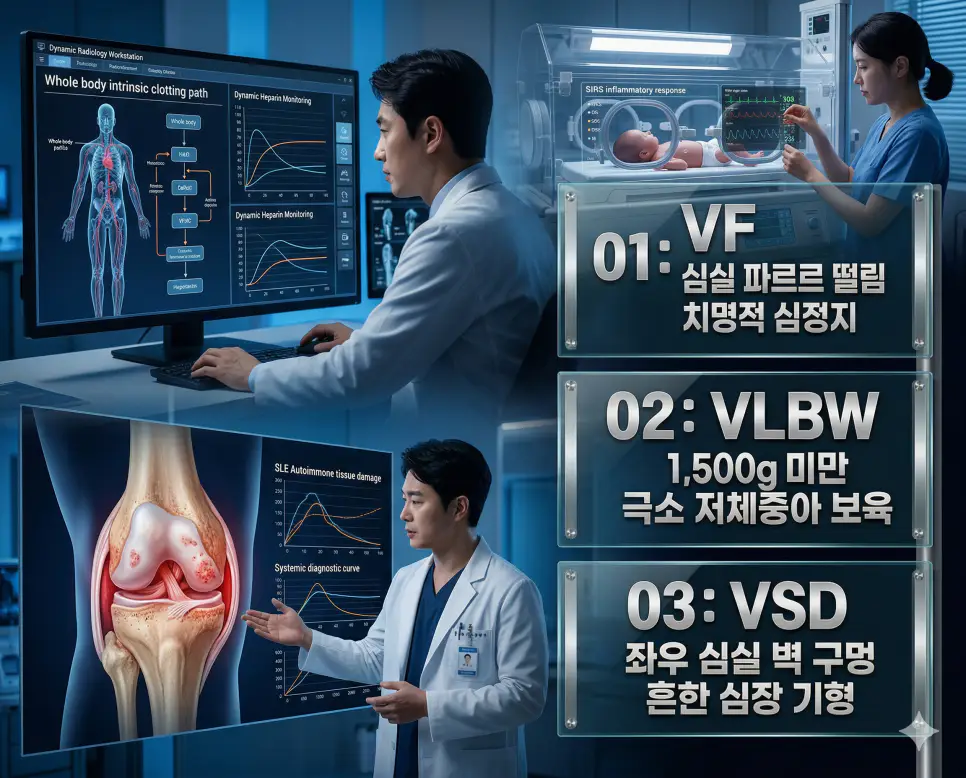 의학용어 VF, VLBW, VSD 완벽 가이드 4 의학용어 VF, VLBW, VSD의 정의와 심실 파르르 떨림 치명적 심정지, 1,500g 미만 극소 저체중아 보육, 좌우 심실 벽 구멍 흔한 심장 기형의 핵심 특징을 영화 포스터 스타일로 정리한 프리미엄 인포그래픽