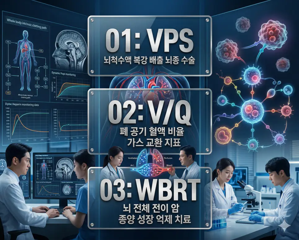 의학용어 VPS, V/Q, WBRT의 정의와 뇌척수액 복강 배출 뇌수종 수술, 폐 공기 혈액 비율 가스 교환 지표, 뇌 전체 전이 암 종양 성장 억제 치료의 핵심 특징을 영화 포스터 스타일로 정리한 프리미엄 인포그래픽