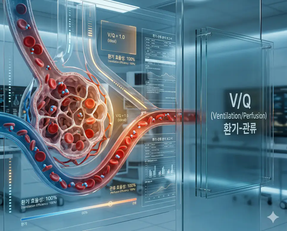 의학용어 V/Q(환기-관류) 기전을 통해 폐로 들어오는 공기의 양(V)과 허파 모세혈관에 흐르는 혈액의 양(Q) 사이의 비율을 한국인 환자의 폐 가스 교환 효율 분석 데이터와 함께 시각화한 이미지