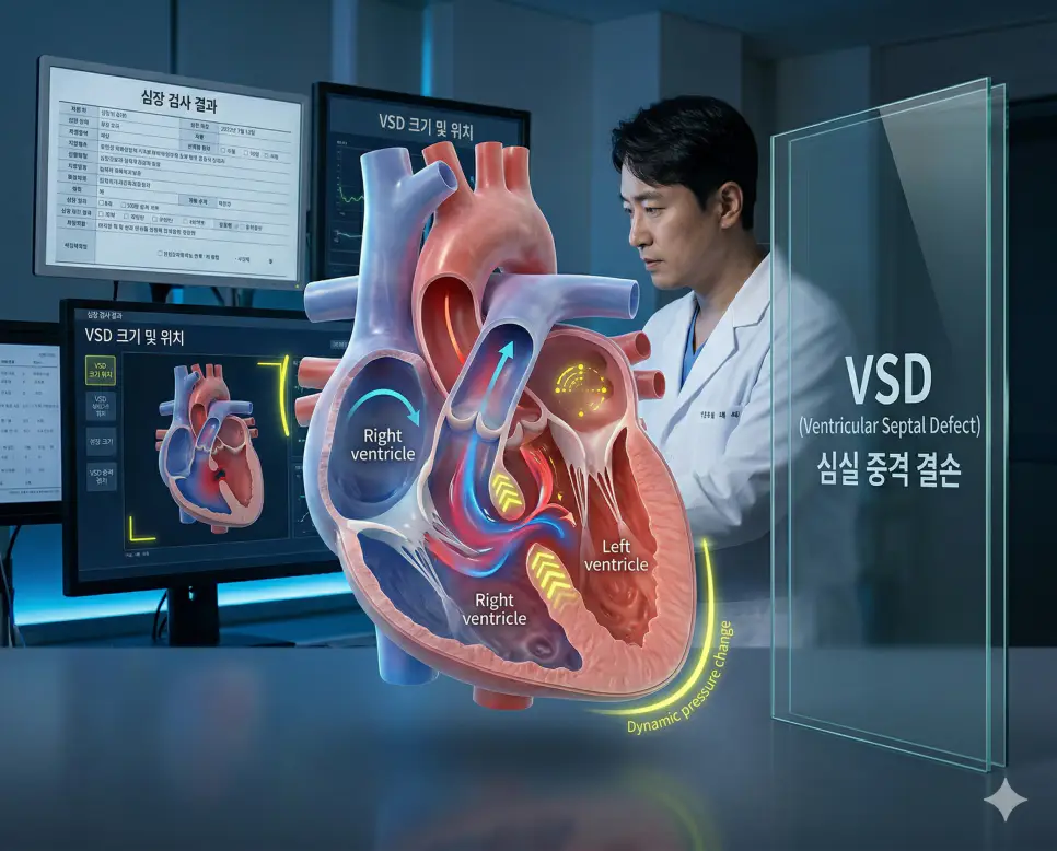 의학용어 VF, VLBW, VSD 완벽 가이드 3 의학용어 VSD(심실 중격 결손) 기전을 통해 왼쪽 심실과 오른쪽 심실 사이의 벽에 구멍이 생겨 한국인 소아 환자의 심장 내에서 혈액이 섞이는 가장 흔한 선천성 심장 기형 해부학 구조 이미지