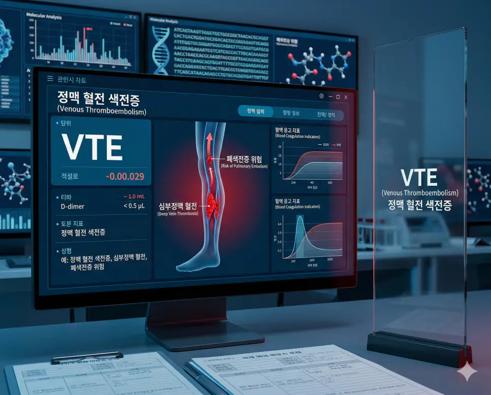 의학용어 VTE(정맥 혈전 색전증) 기전을 통해 정맥 내에 피떡(혈전)이 생겨 혈관을 막거나, 이 혈전이 떨어져 나가 폐혈관을 막는 치명적인 상태를 시각화한 병태생리 이미지