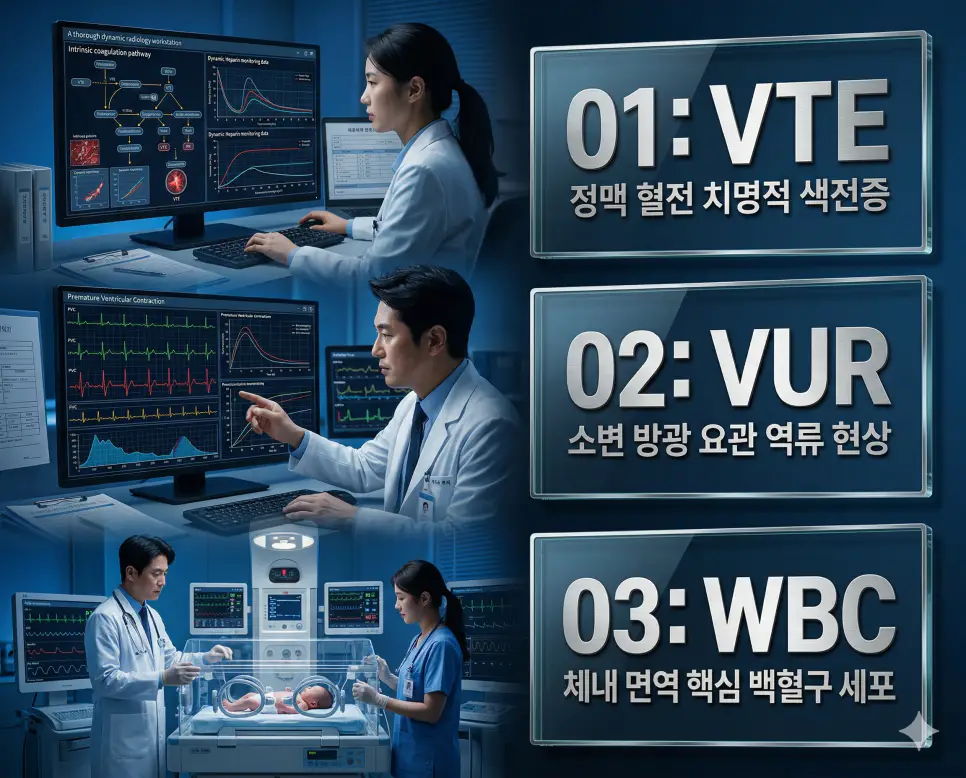 의학용어 VTE, VUR, WBC의 정의와 정맥 혈전 치명적 색전증, 소변 방광 요관 역류 현상, 체내 면역 핵심 백혈구 세포의 핵심 특징을 영화 포스터 스타일로 정리한 프리미엄 인포그래픽