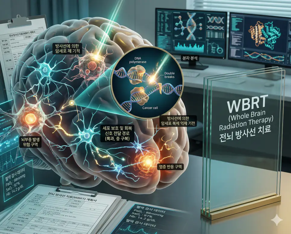 의학용어 WBRT(전뇌 방사선 치료) 기전을 통해 암세포가 뇌 전체로 전이되었을 때 한국인 환자의 뇌 전체 영역에 방사선을 조사하여 종양의 성장을 억제하고 증상을 완화하는 병태생리 이미지