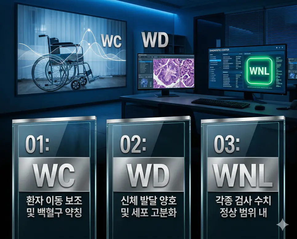 의학용어 WC, WD, WNL의 정의와 환자 이동 보조 및 백혈구 약칭, 신체 발달 양호 및 세포 고분화, 각종 검사 수치 정상 범위 내의 핵심 특징을 영화 포스터 스타일로 정리한 프리미엄 인포그래픽