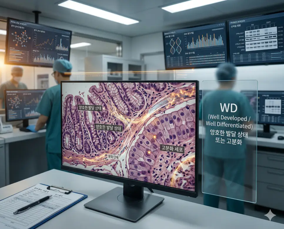 의학용어 WD(양호한 발달 상태 또는 고분화) 기전을 통해 한국인 환자의 신체 발달 상태가 양호하거나, 암세포가 정상 세포와 유사하게 잘 성숙된 고분화 상태의 조직 구조를 시각화한 이미지
