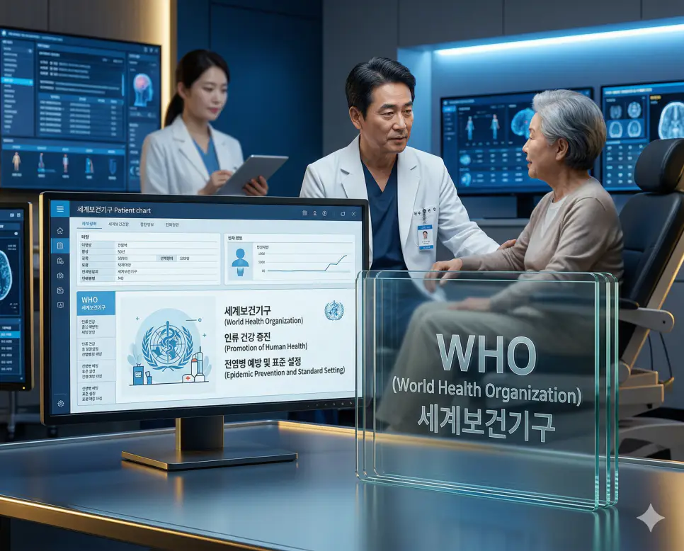 의학용어 WHO, WPW, ZDV 뜻 완벽 정리 1 의학용어 WHO(세계보건기구) 기전을 통해 국제 연합(UN) 산하의 보건 전문 기구로서 인류의 건강 증진과 전염병 예방 및 보건 정책의 표준을 설정하는 과정을 시각화한 이미지