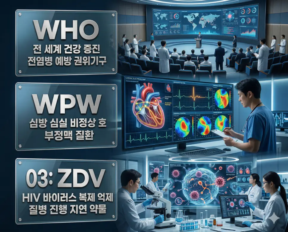의학용어 WHO, WPW, ZDV 뜻 완벽 정리 4 의학용어 WHO, WPW, ZDV의 정의와 전 세계 건강 증진 전염병 예방 권위 기구, 심방 심실 비정상 전기 신호 경로 부정맥 질환, HIV 바이러스 복제 억제 질병 진행 지연 약물의 핵심 특징을 영화 포스터 스타일로 정리한 프리미엄 인포그래픽