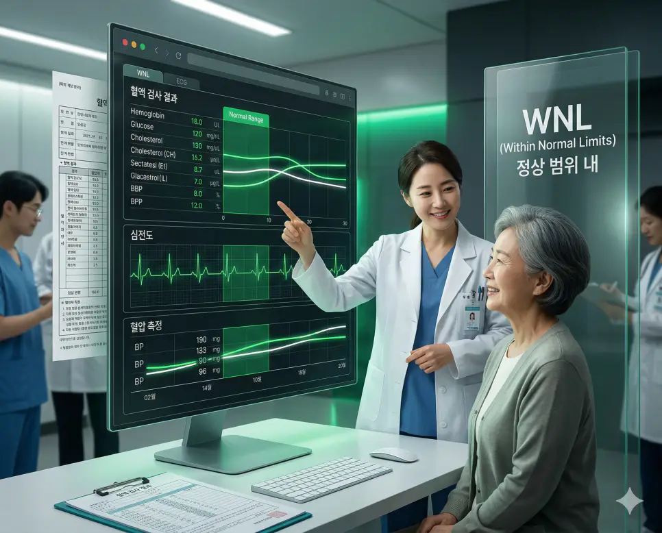 의학용어 WNL(정상 범위 내) 기전을 통해 각종 혈액 검사와 활력 징후 데이터가 의학적으로 정의된 정상 수치 범주 안에 있음을 녹색 안전 구역과 함께 시각화한 기분 좋은 결과 이미지
