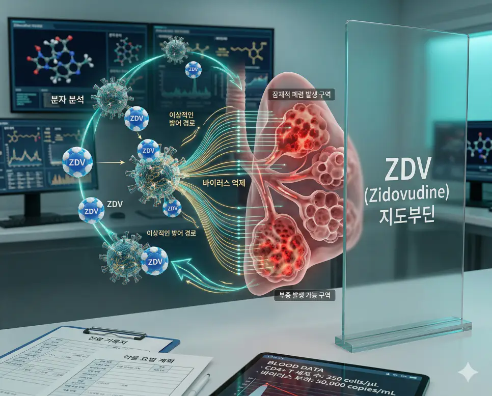 의학용어 WHO, WPW, ZDV 뜻 완벽 정리 3 의학용어 ZDV(지도부딘) 기전을 통해 에이즈의 원인균인 HIV 바이러스의 복제를 억제하여 질병의 진행을 늦추고 수직 감염을 막는 항바이러스 약물의 작용 기전을 시각화한 병태생리 이미지