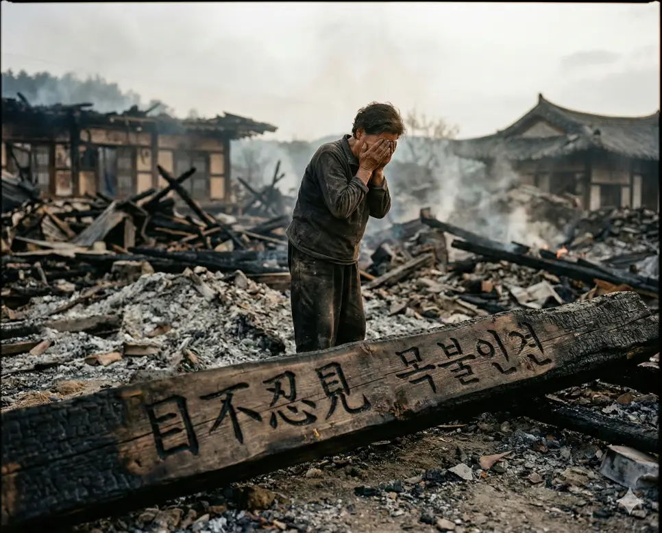 목불인견(目不忍見) 뜻 – 차마 눈 뜨고 볼 수 없는 비참함을 의미하며, 대재앙 폐허 앞에서 눈을 가리고 슬퍼하는 인물의 사실적 이미지