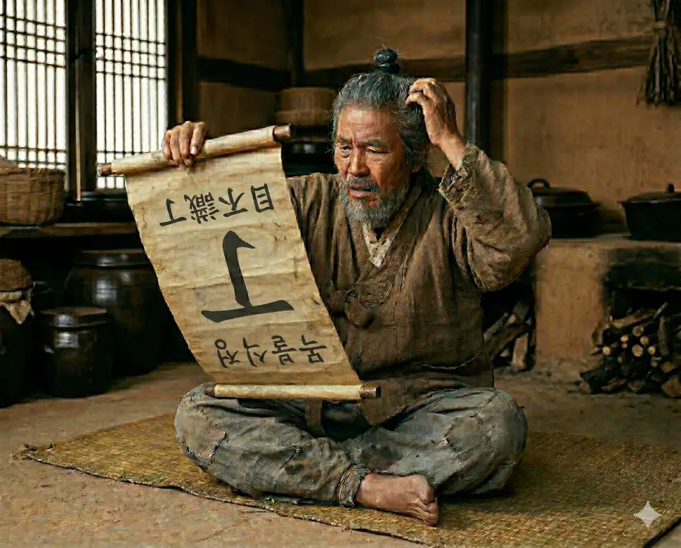목불인견(目不忍見) 뜻 – 차마 눈 뜨고 볼 수 없는 비참함을 의미하며, 대재앙 폐허 앞에서 눈을 가리고 슬퍼하는 인물의 사실적 이미지