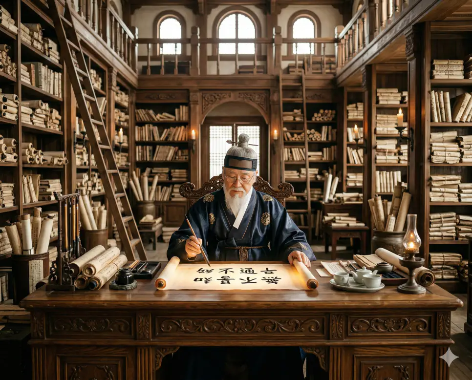 무불통지(無不通知) 뜻 – 무슨 일이든 모르는 것이 없음을 의미하며, 수만 권의 고서가 가득한 서고에서 지혜를 갈구하는 스승의 사실적 이미지