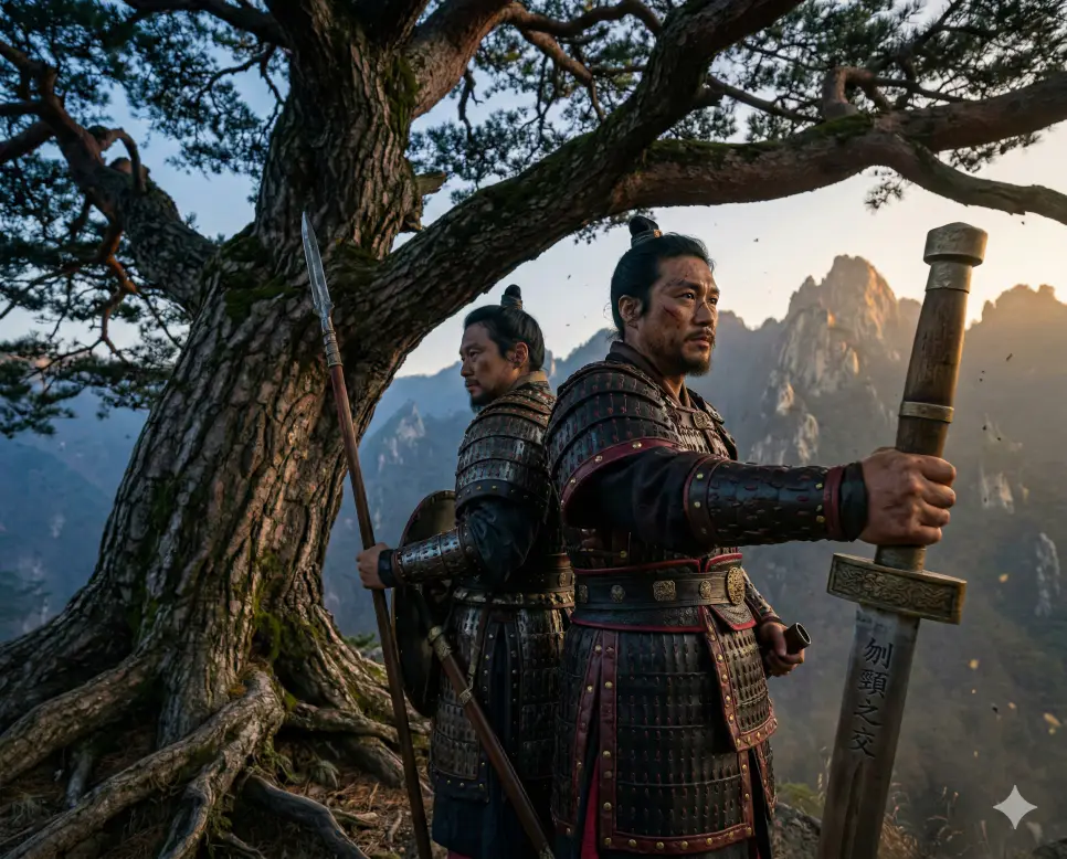 무위도식 뜻, 문경지교 뜻, 문일지십 뜻: 삶의 경계와 진정한 우정, 영특함의 지혜 정리 2 문경지교(刎頸之交) 뜻 – 목을 내줄 수 있을 만큼의 진실한 우정을 의미하며, 신뢰로 뭉친 두 무사의 웅장하고 사실적인 이미지