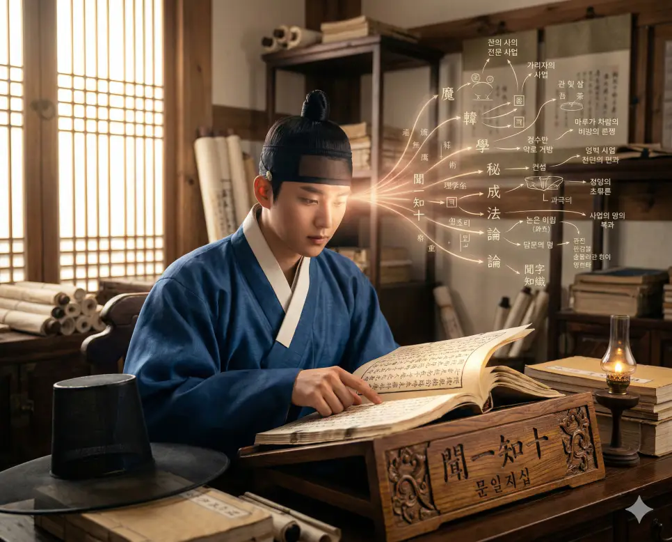 무위도식 뜻, 문경지교 뜻, 문일지십 뜻: 삶의 경계와 진정한 우정, 영특함의 지혜 정리 3 문일지십(聞一知十) 뜻 – 하나를 들으면 열을 아는 영특함을 의미하며, 고서를 읽으며 깊은 통찰력을 보여주는 학자의 사실적 이미지