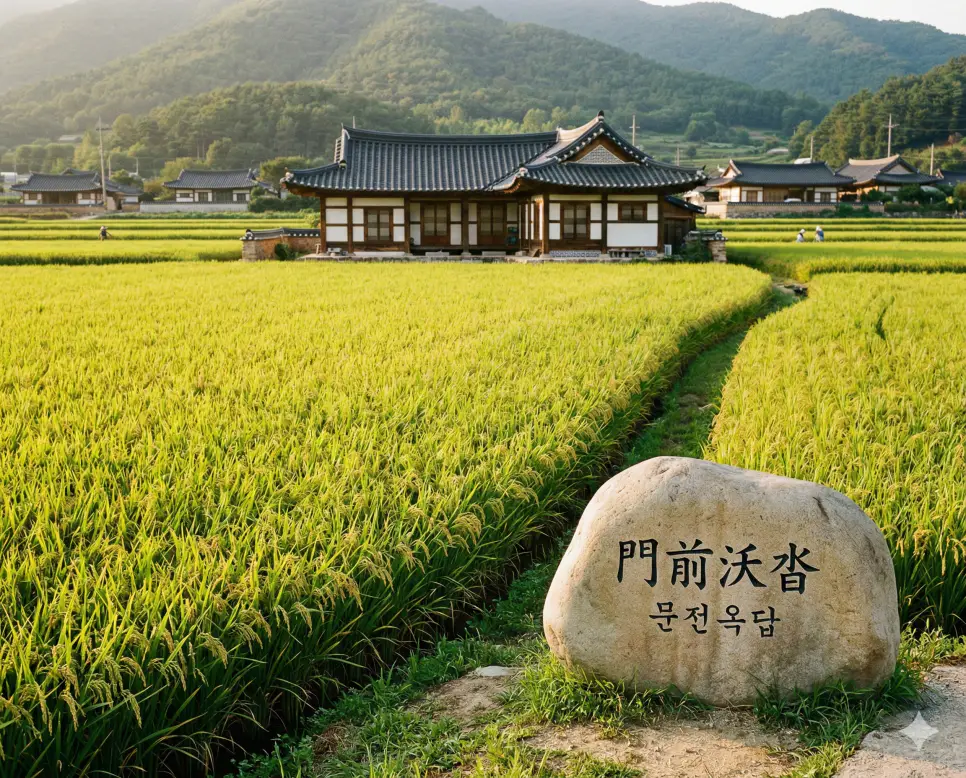 문전성시 뜻, 문전옥답 뜻, 문정경중 뜻: 번영과 자산, 그리고 통찰의 지혜 정리 2 문전옥답(門前沃沓) 뜻 – 집 앞의 기름진 논을 의미하며, 기와집 앞에 끝없이 펼쳐진 풍요로운 황금빛 논밭의 사실적 이미지