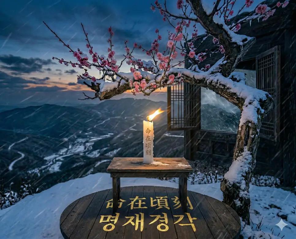 명재경각(命在頃刻) 뜻 – 목숨이 곧 끊어질 지경임을 의미하며, 거센 바람 앞에 위태롭게 흔들리며 꺼지기 직전인 촛불의 긴박하고 사실적인 이미지