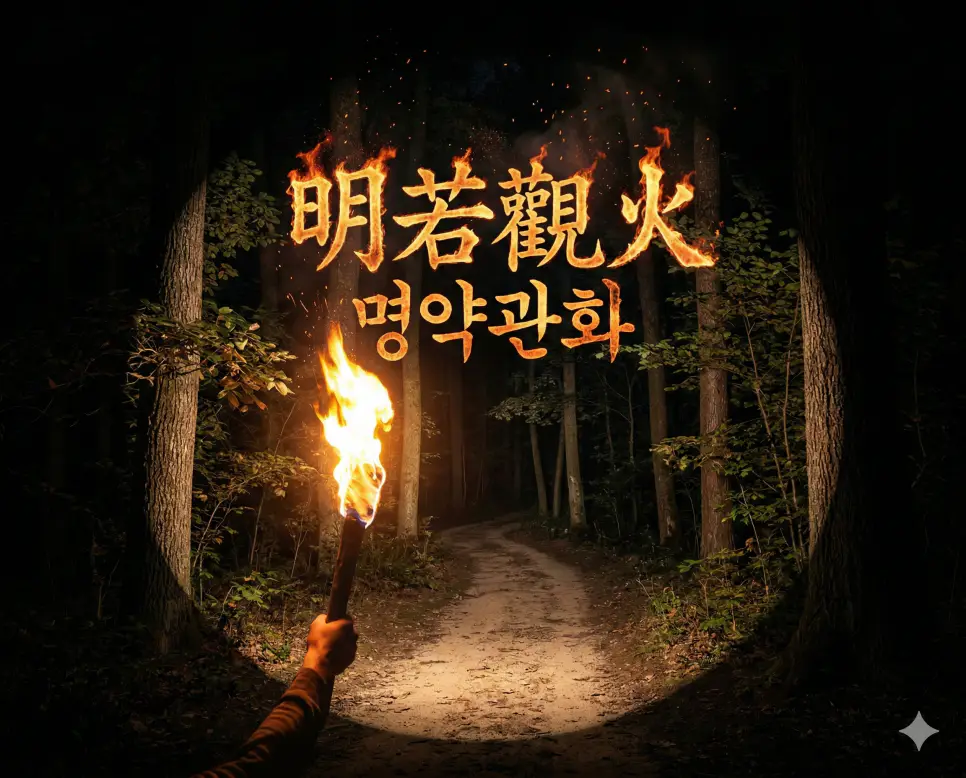 명약관화(明若觀火) 뜻 – 불을 보듯 뻔함을 의미하며, 칠흑 같은 밤 밝게 타오르는 횃불이 주변을 대낮처럼 환하게 비추는 명백하고 사실적인 이미지